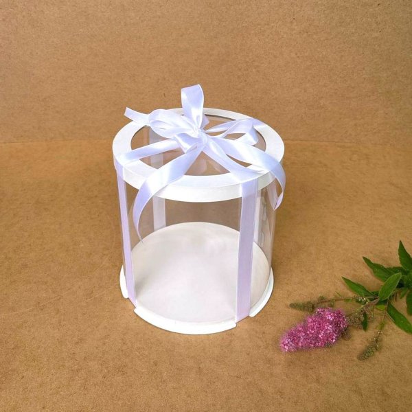 Коробка тубус для торта d200 h200 біла з прозорою кришкою