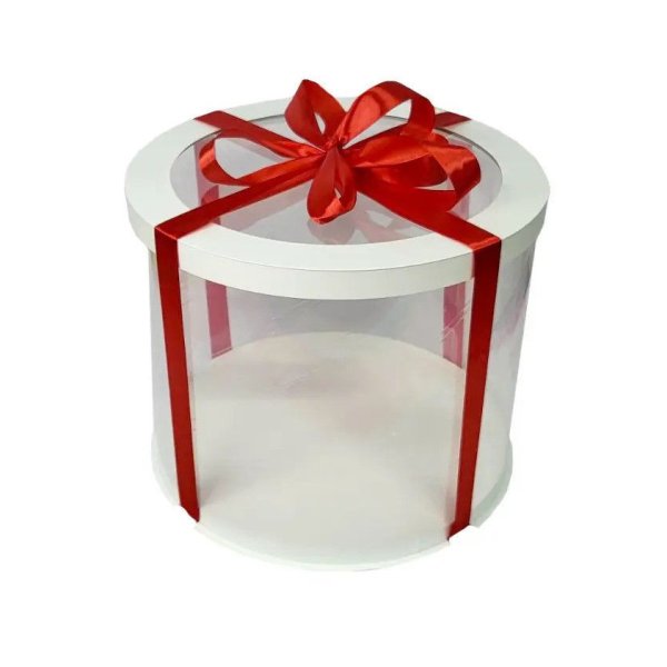 Коробка-тубус D25 × H20 см для торта до 5–6 кг с прозрачной крышкой — Белый