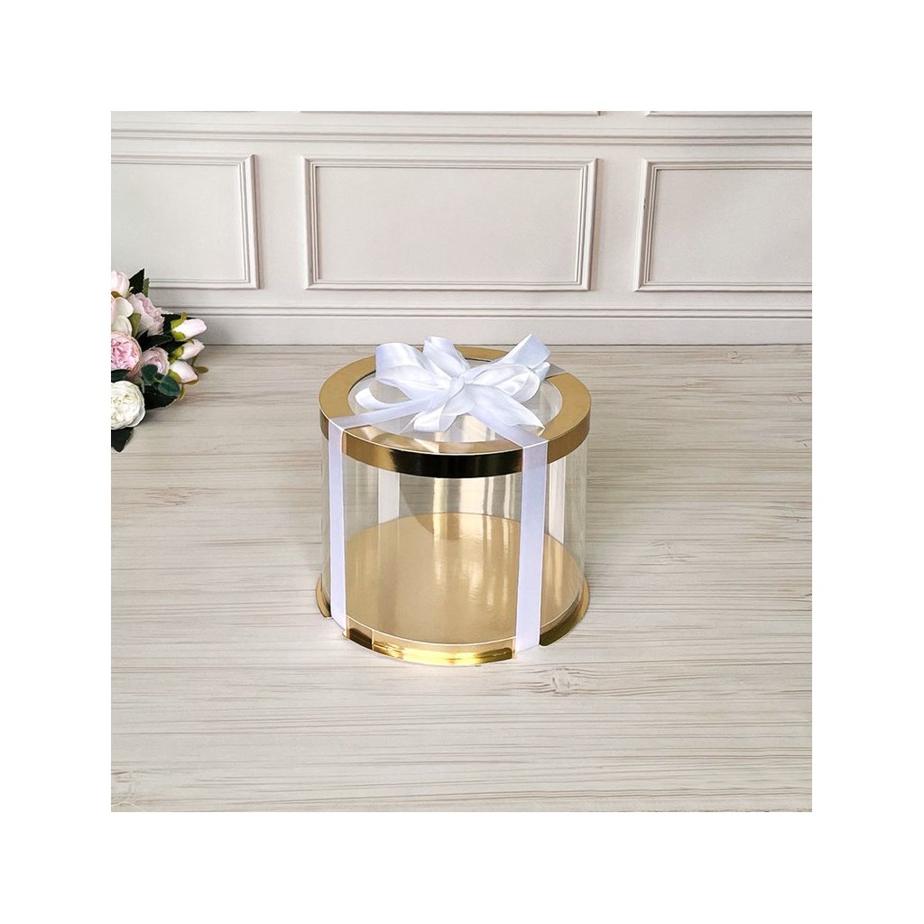 Коробка тубус для торта d200, h200 GOLD з прозорою кришкою