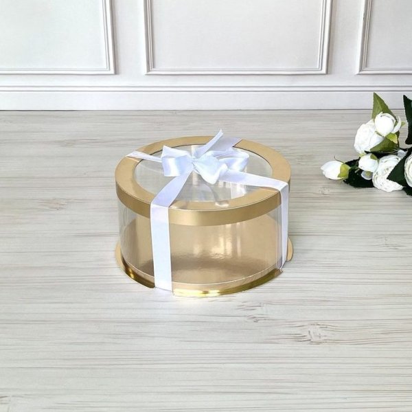 Коробка тубус для торта d200, h70 GOLD з прозорою кришкою